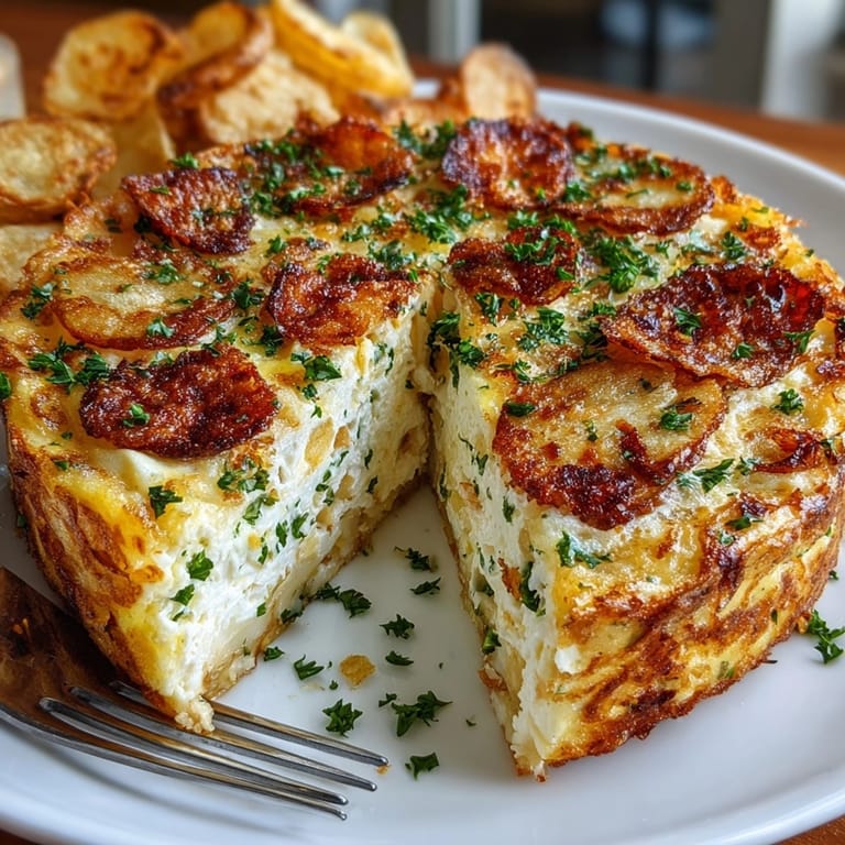 Golden brown Potato Chip Omelet recipe, plated and sliced, garnished with parsley.