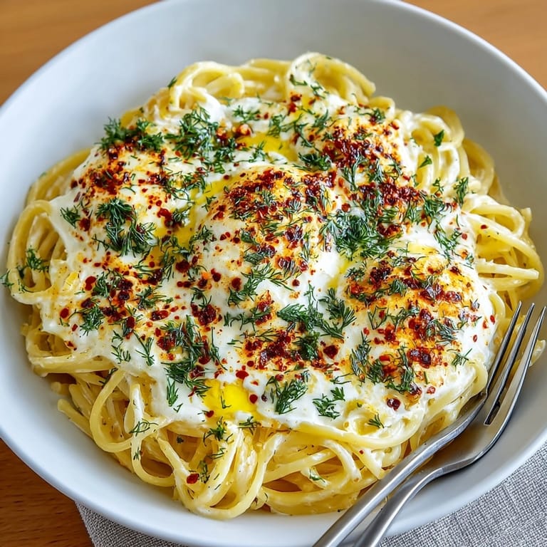 Close-up showcases the flavorful Turkish Garlic Yogurt Pasta, ready to eat with fresh dill.