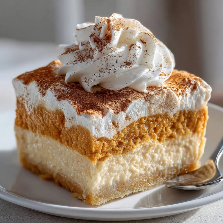 Close-up of creamy Pumpkin Pie Magic Cake layers, dusted with cinnamon, cooling.