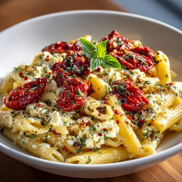 Close-up of creamy Baked Feta Pasta highlighting the roasted feta and tomato sauce over al dente pasta.