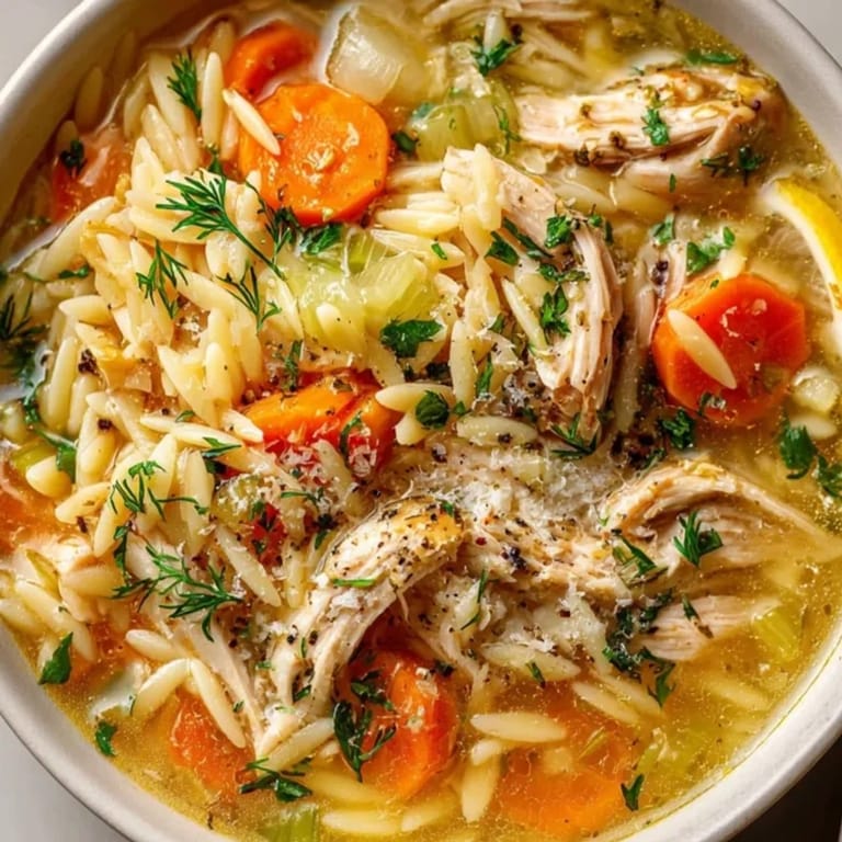 Steaming Lemon Chicken Orzo Soup with fresh dill garnish, ready to serve.