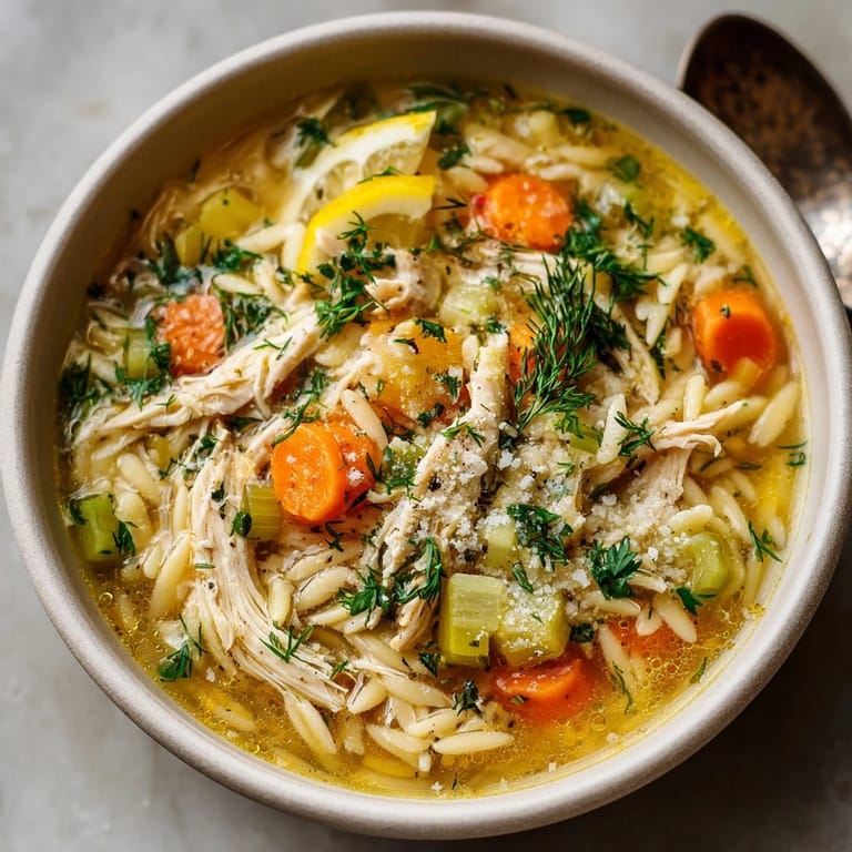 Bowl of comforting Lemon Chicken Orzo Soup recipe on a rustic wooden table.