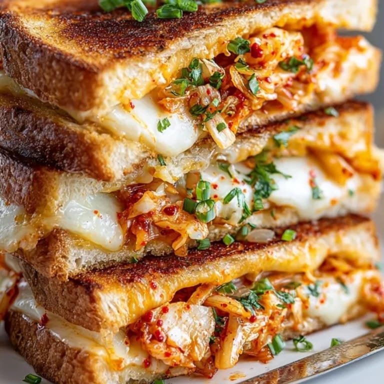 Melting kimchi grilled cheese sandwich, oozing with cheddar and mozzarella, ready to eat.