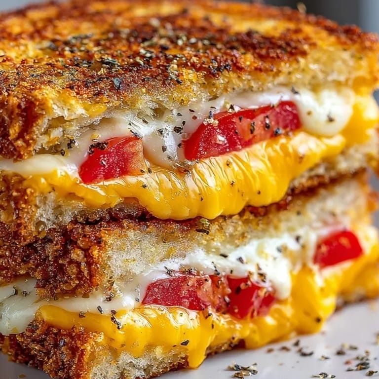 Crispy Mayo-Crusted Grilled Cheese Hack sandwich cut in half; perfect comfort food.