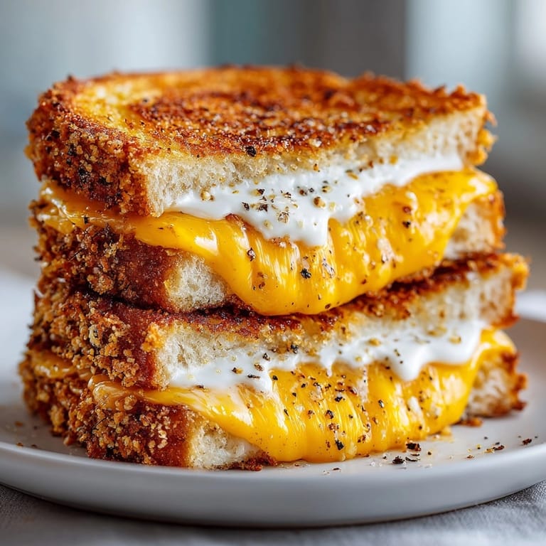 Golden brown Mayo-Crusted Grilled Cheese Hack on a rustic plate ready to eat.