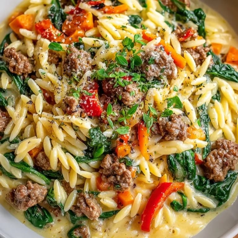 Finished dish of One-Pot Creamy Beef Orzo, garnished with parmesan, ready to serve.