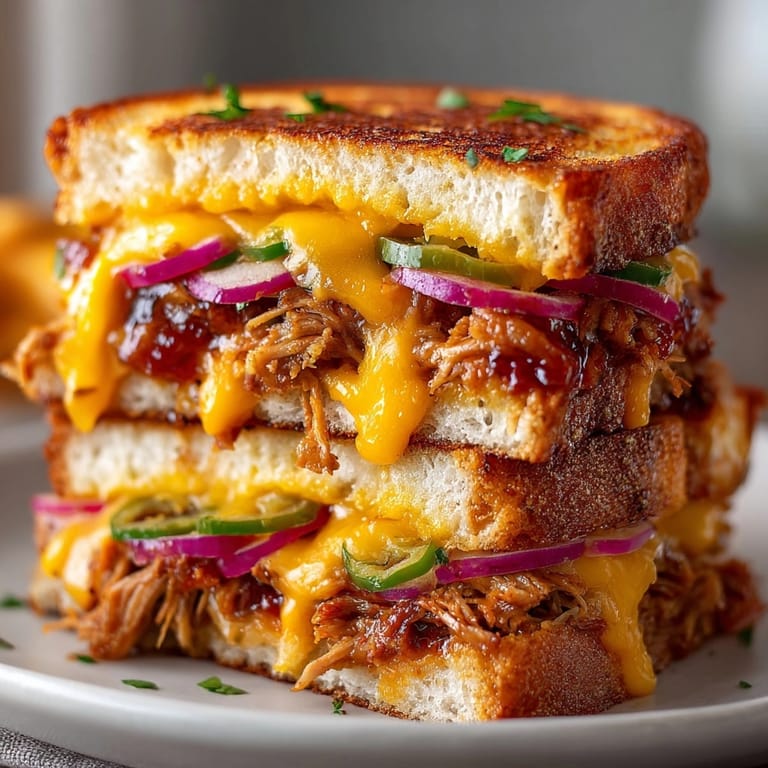Crisp BBQ Pulled Pork Grilled Cheese sandwich, hot off the griddle, tangy aroma fills air.