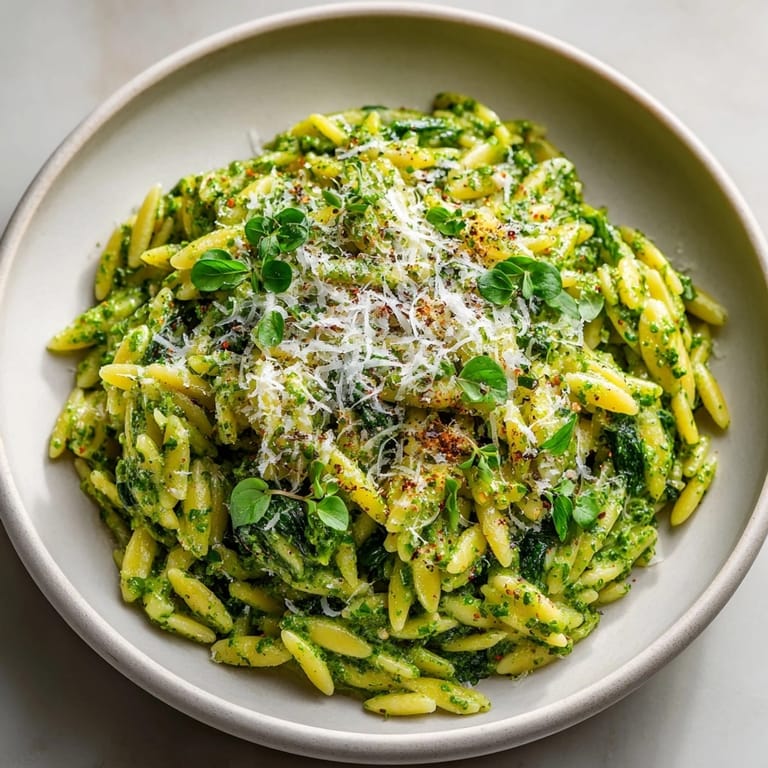 Imagine fragrant, vibrant Spinach Pesto Orzo; perfect warm or served chilled, ideal for lunch.