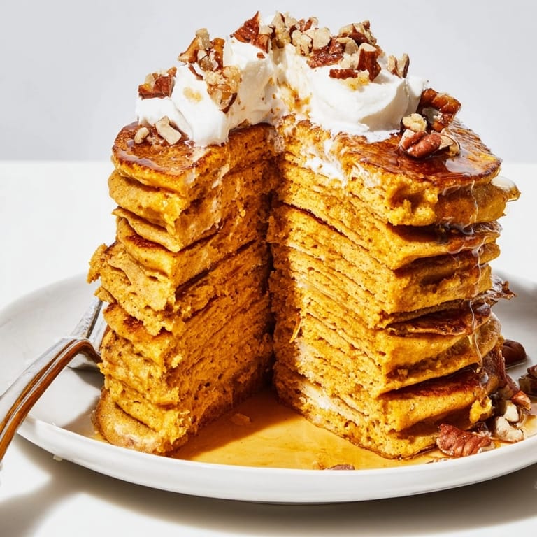 Homemade Fluffy Pumpkin Ricotta Pancakes, a colorful breakfast with pecans and a dollop of cream.
