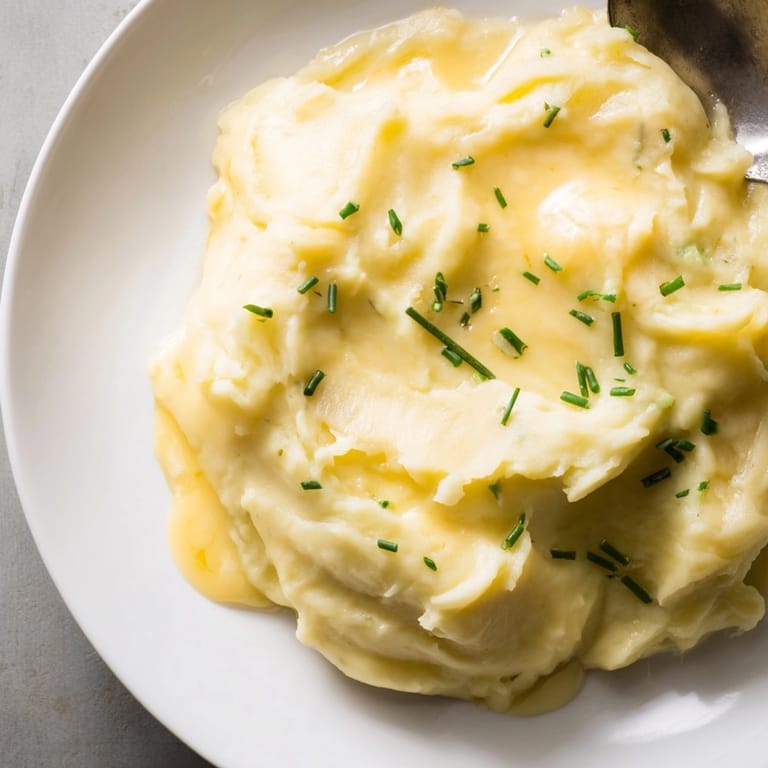 Close-up view of creamy Smoked Gouda Mashed Potatoes, a cheesy and comforting American side.