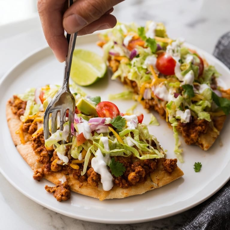 Close-up of a juicy spicy turkey taco flatbread, perfect alongside lime wedges.