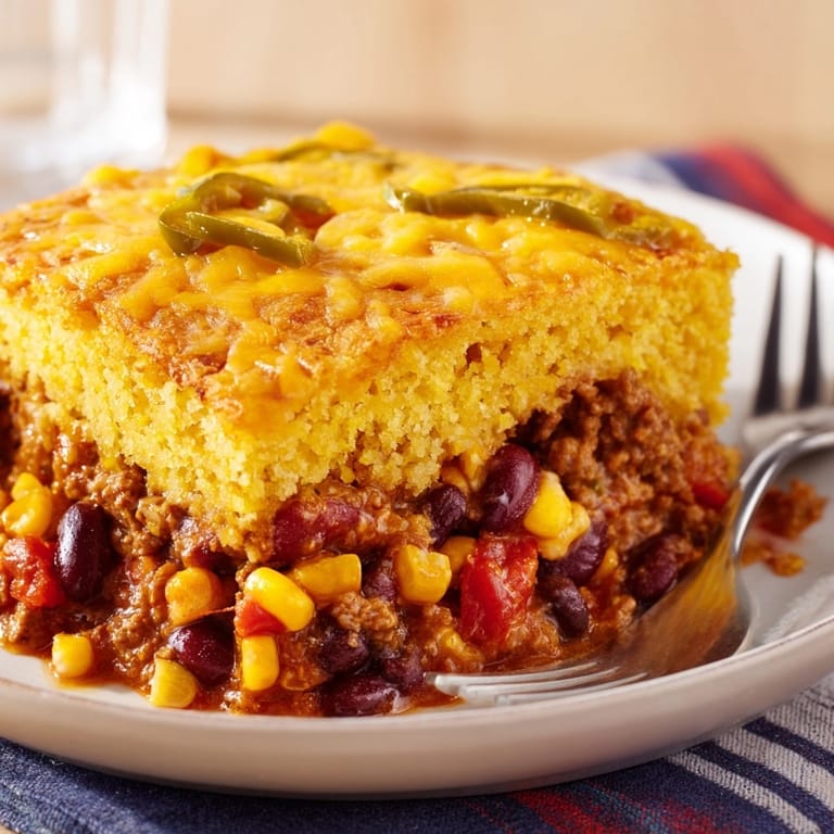 Close-up: a spoonful of the Chili Cheese Cornbread Bake shows its hearty, comforting texture.