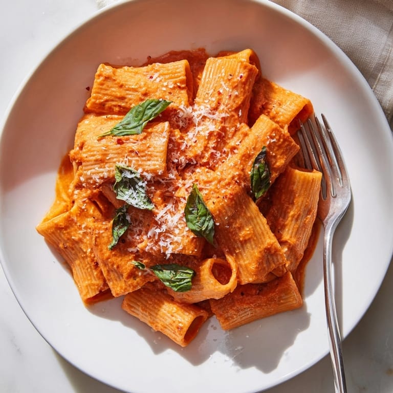 A delicious bowl of Spicy Vodka Pasta Express, ready to enjoy, steaming and fragrant.