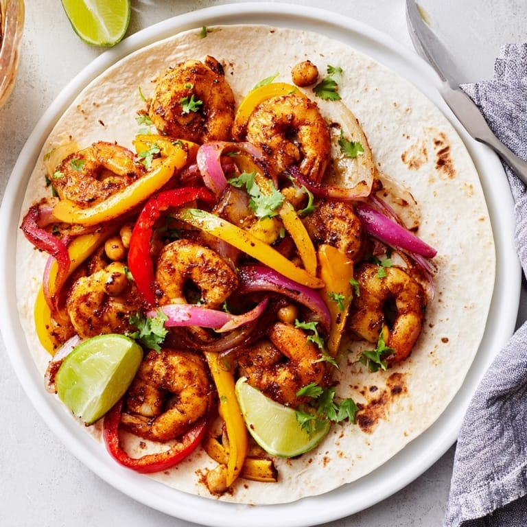 Enjoy easy, flavorful Shrimp Chickpea Sheet Pan Fajitas with warm tortillas and fresh toppings.