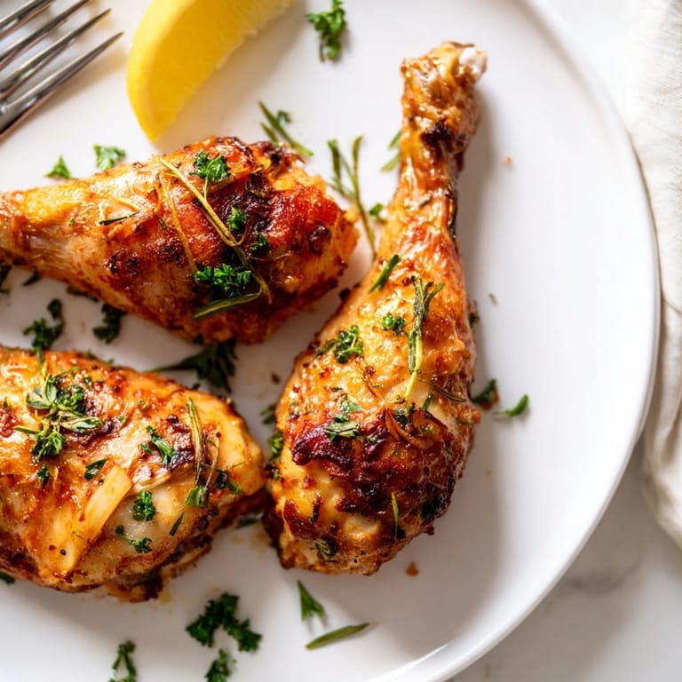 Homemade Garlic Herb Roasted Chicken Drumsticks plated attractively, garnished with parsley and lemon.