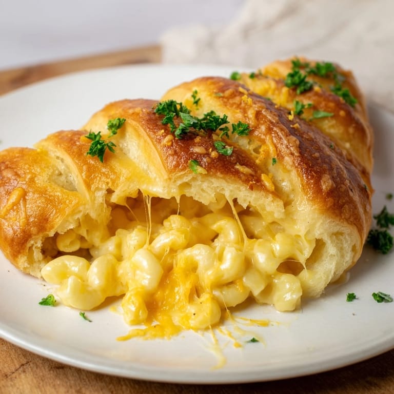 Creamy Mac and Cheese Stuffed Crescent Rings, a fun appetizer, bubbling and ready to slice.