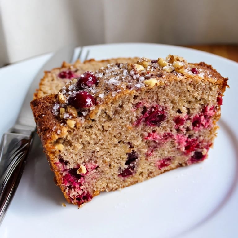 Warm, freshly baked Cinnamon Cranberry Breakfast Loaf with a sugared crust, ready to slice.