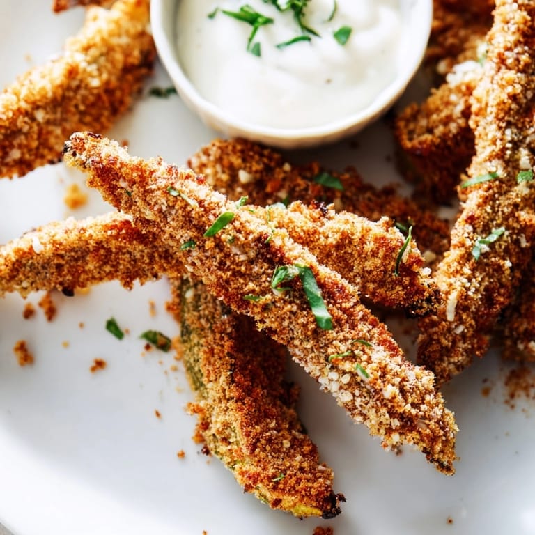 Oven-baked Cajun Eggplant Fries, seasoned and ready for dipping in cool, tangy ranch.