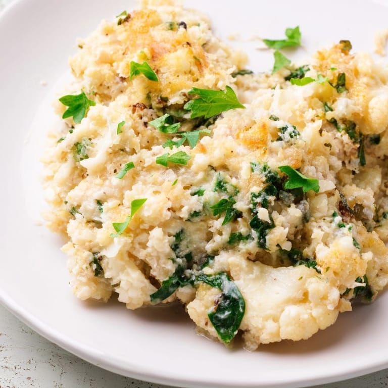 Easy Alfredo Cauliflower Rice Casserole: a family-friendly, creamy bake with a cheesy topping.