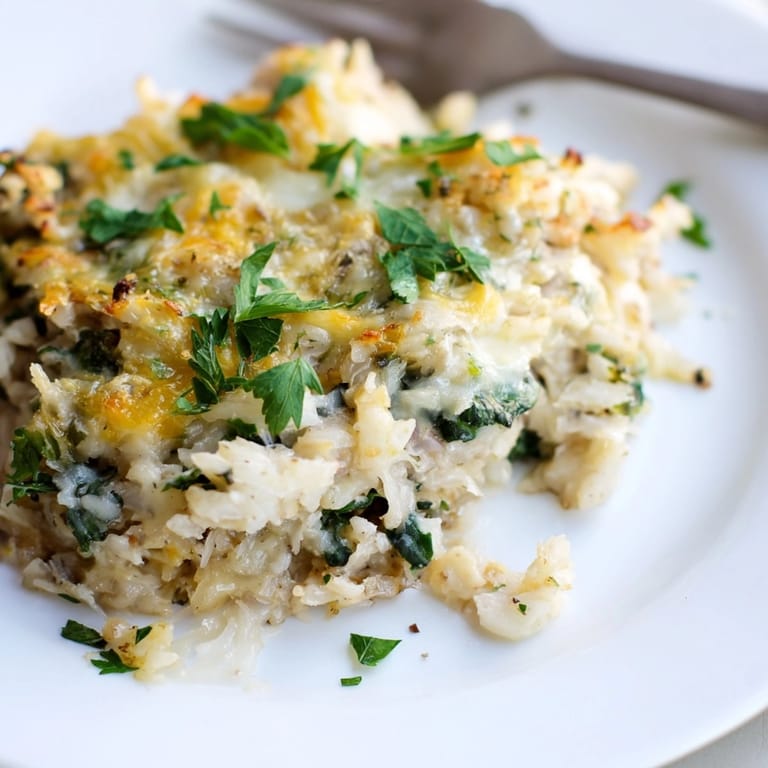 Close-up of steaming Alfredo Cauliflower Rice Casserole showing tender cauliflower and melted mozzarella.