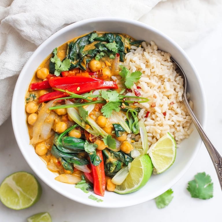 Easy vegan Thai Red Curry Chickpea Bowls, ready in under 45 minutes, garnished beautifully.