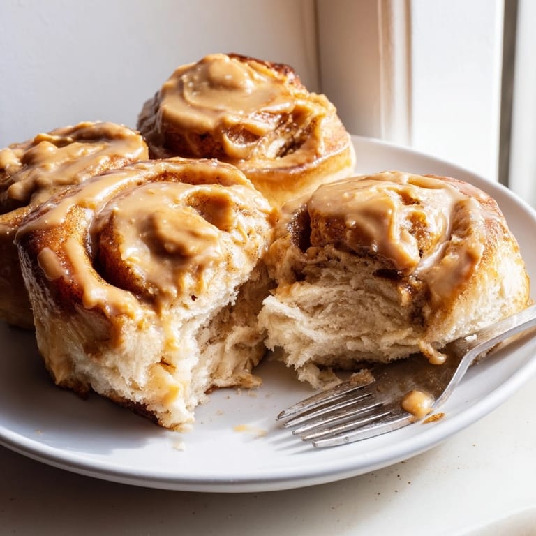 Close-up of soft Peanut Butter Maple Breakfast Rolls with maple syrup glaze.