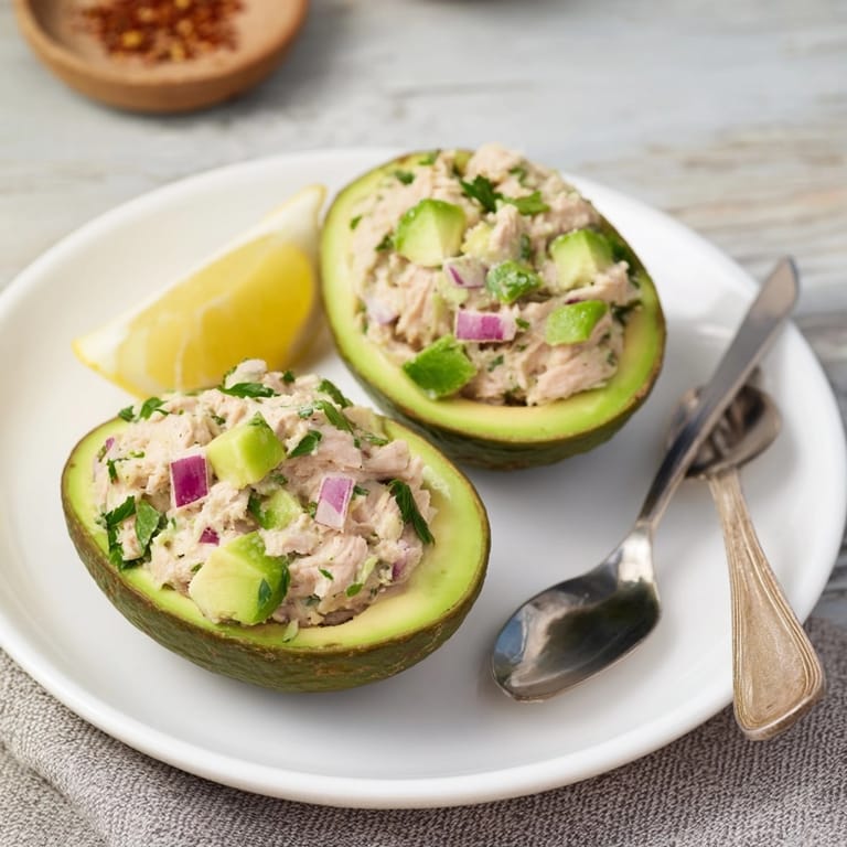 Vibrant Avocado Tuna Salad Boats: See the speckled filling piled high, ready to eat.