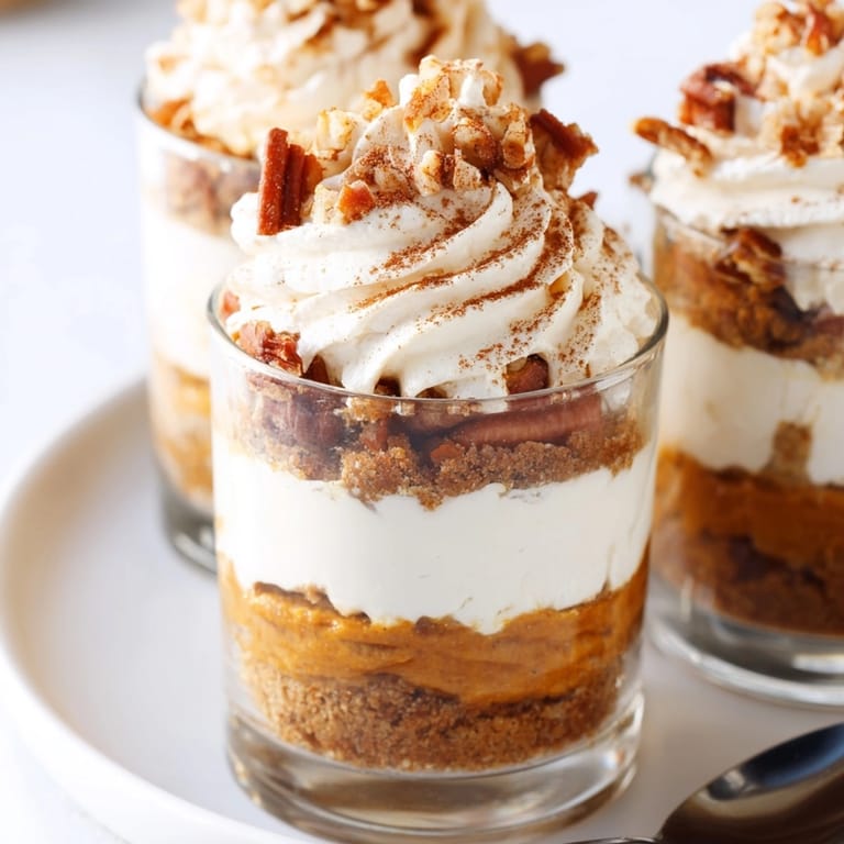 Easy Thanksgiving Dessert Shooters: chilled layers of pumpkin, cheesecake, and graham crackers in parfait cups.