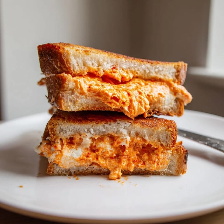 Creamy pimento cheese-stuffed grilled cheese, perfectly toasted, ready for a delicious lunch break.  