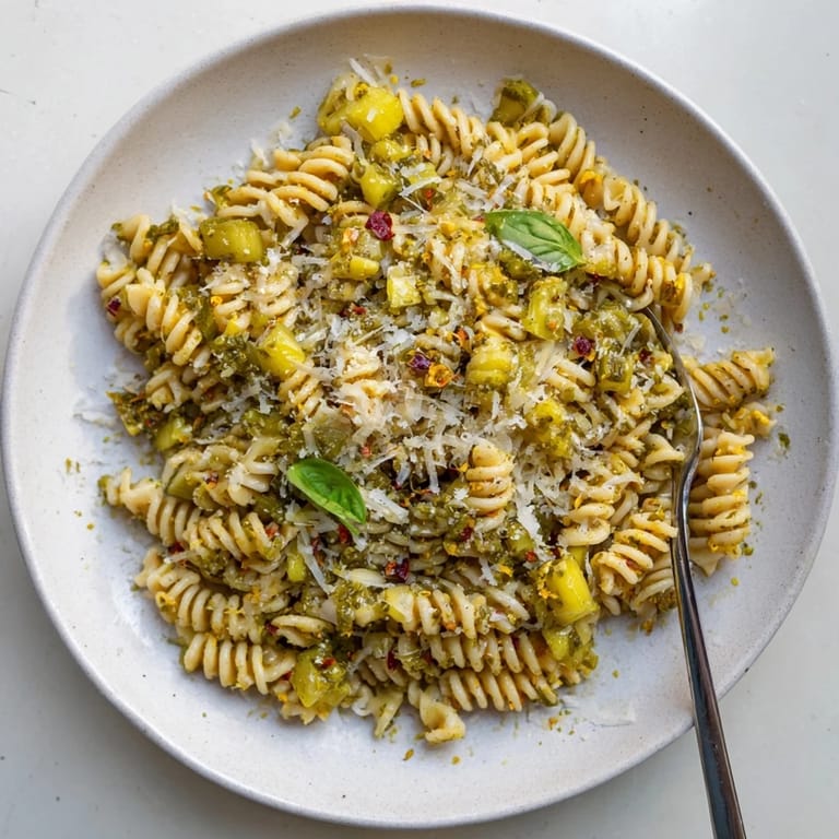 Tangy Lemon Basil Pickle Pasta in a creamy garlic sauce for weeknight dinner delight.  