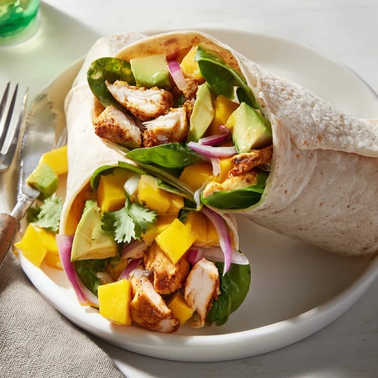 Freshly made Mango Avocado Chicken Wraps, perfect for a light lunch or picnic delight.
