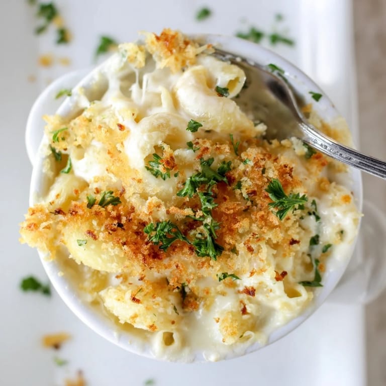 Baked mac cups filled with rich Alfredo sauce, roasted peppers, and gooey cheese.  