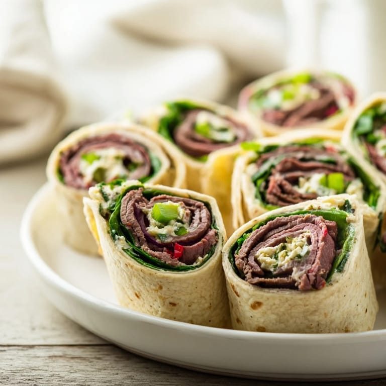 Colorful Cajun Roast Beef Pinwheel Rolls, perfect for snacks or party appetizers.  
