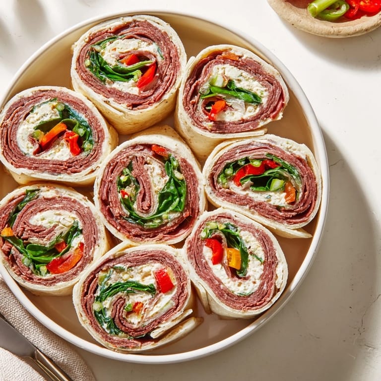 Deliciously creamy and spicy Cajun Roast Beef Pinwheel Rolls served on a platter.
