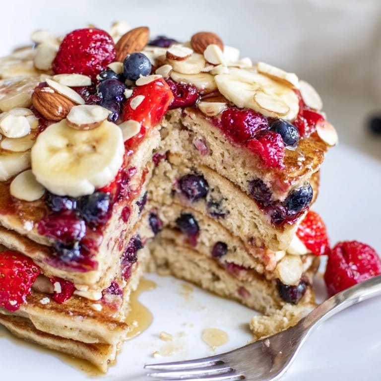 Sliced bananas and vibrant berries top this delicious Protein Berry Banana Pancake Bake.  
