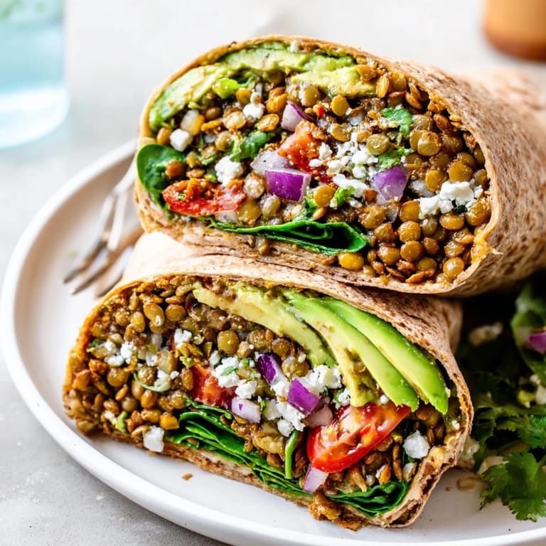 Wholesome avocado lentil breakfast wraps with spinach, tomatoes, and zesty lime juice.