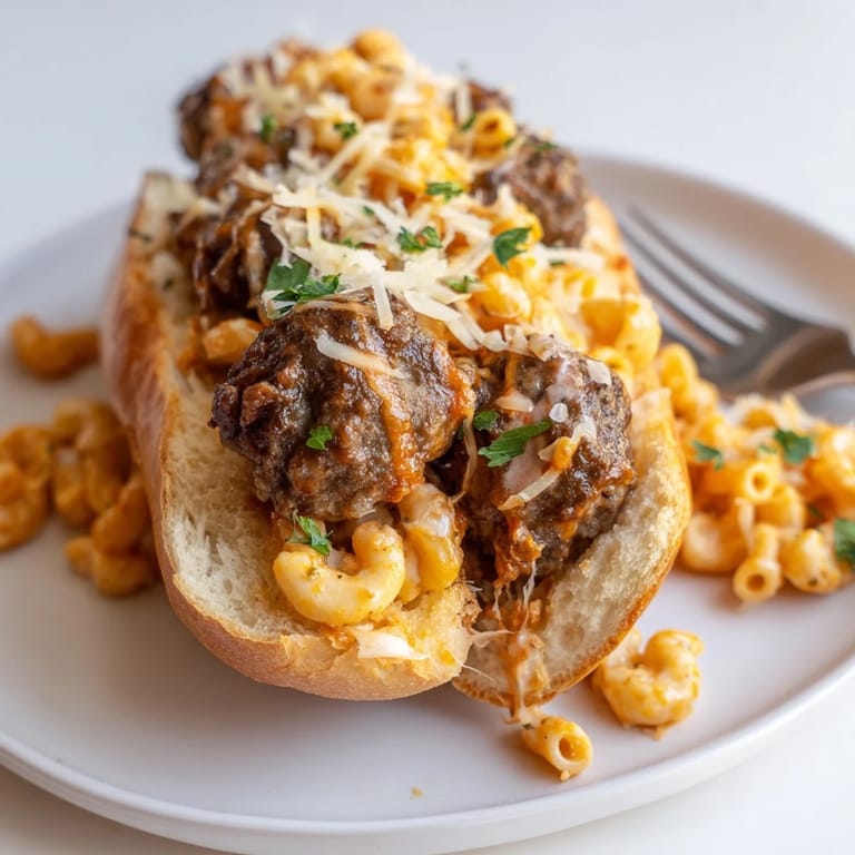 Toasted sub rolls filled with cheesy macaroni and BBQ meatballs, baked to perfection.  