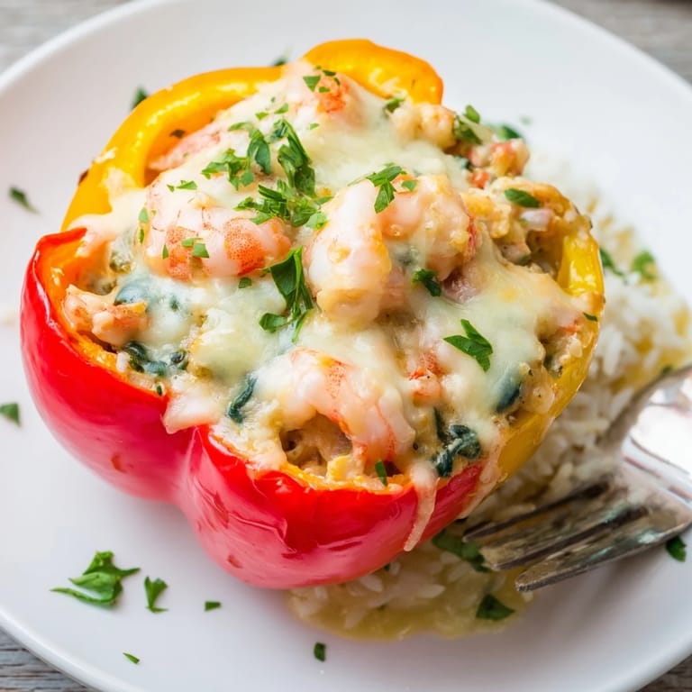 Colorful bell peppers brimming with shrimp Alfredo, garnished with fresh parsley for flavor.