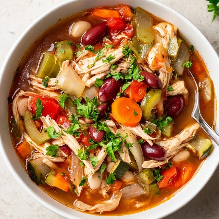 Colorful vegetables and tender turkey create a hearty Cajun Turkey Veggie Soup.  