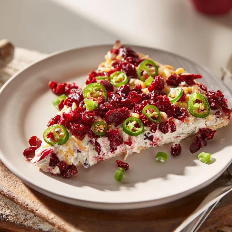 Sweet and spicy cranberry jalapeño dip pizza fresh from the oven, ready to serve.  