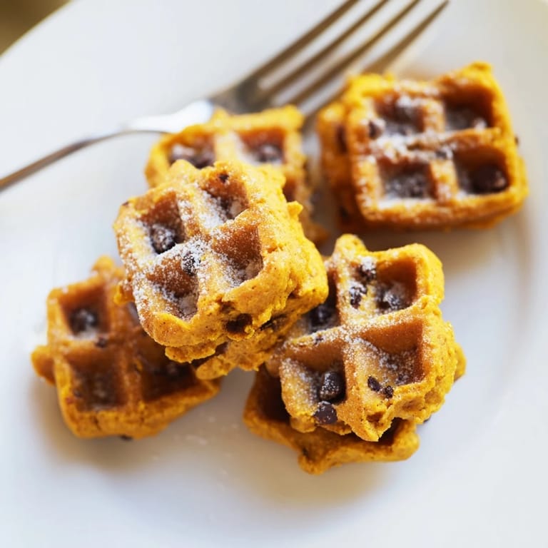 Delicious pumpkin muffin waffle bites, spiced and ready for warm maple syrup drizzle.  