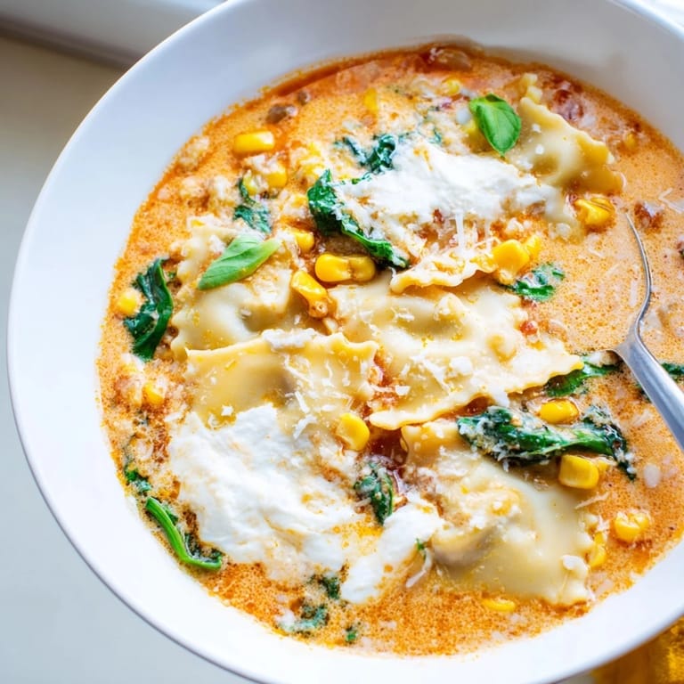 Creamy Lasagne Soup with Sweet Corn Masala, served hot with extra cheese.