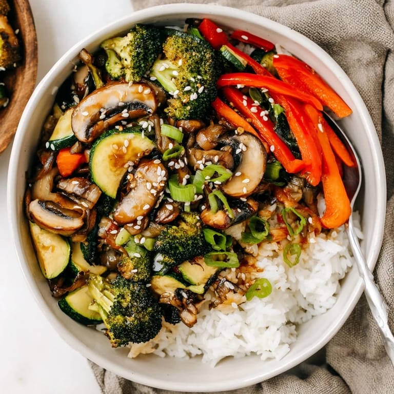 Colorful veggie medley in flavorful Japanese hibachi bowls topped with garlic-ginger sauce.