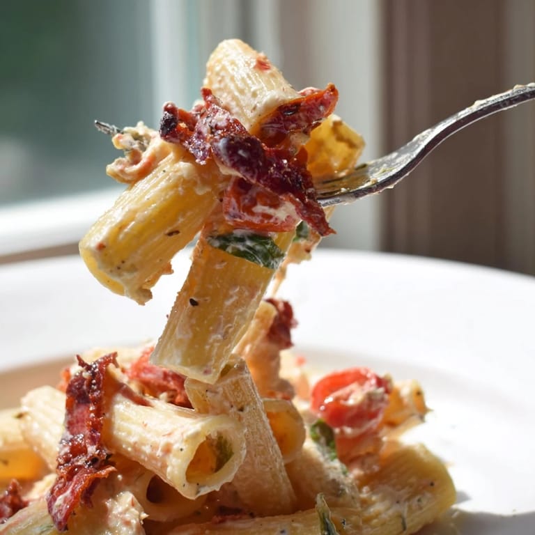 Satisfying Baked Feta Pasta topped with luscious cheese and vibrant, sautéed vegetables.