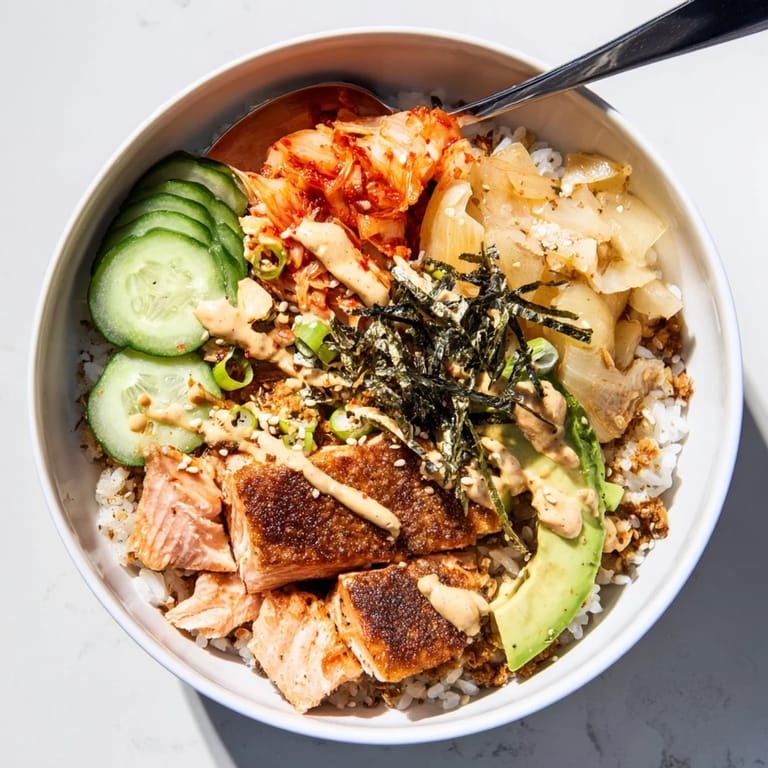 Flavorful Crispy Salmon Rice Bowl featuring crunchy garlic, tangy kimchi, and creamy avocado.