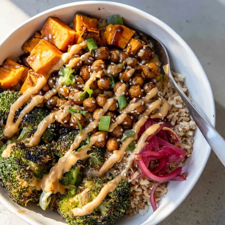 Colorful grain bowls featuring miso-butter and gochujang-maple sauces, perfect for lunch.