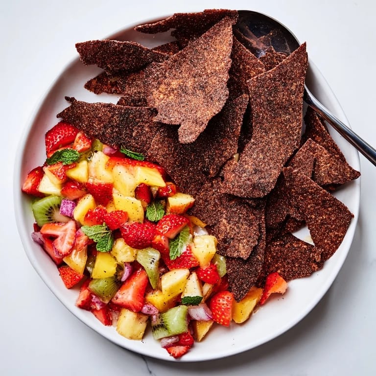 Indulge in homemade chocolate tortilla chips served alongside vibrant fruit salsa.  