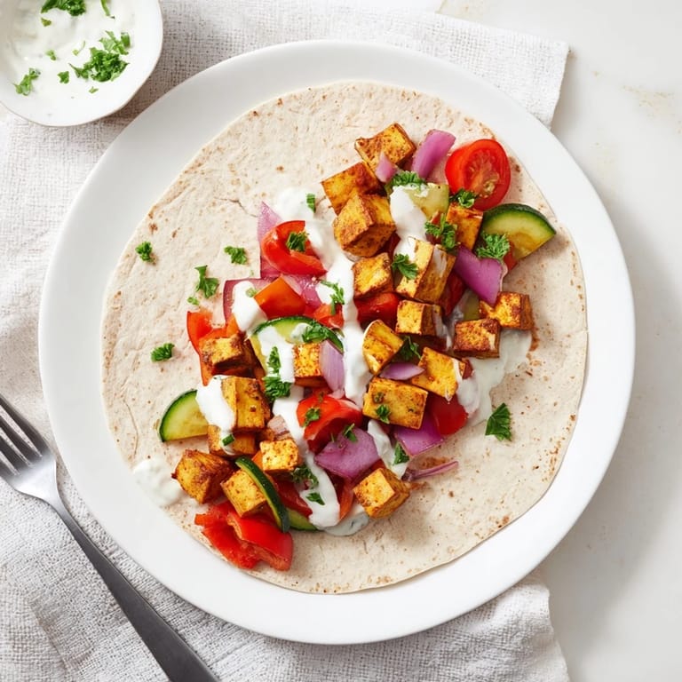 Plant-based viral recipe remake served in warm pita, drizzled with creamy tahini sauce.  