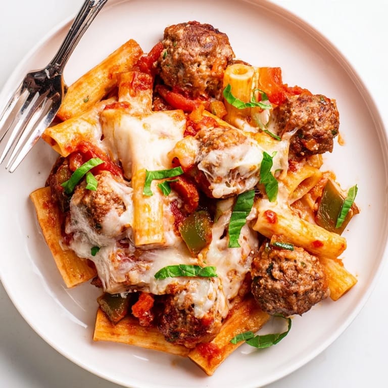 One-pan Italian Meatball Pasta Skillet served in rich tomato sauce and tender noodles.  