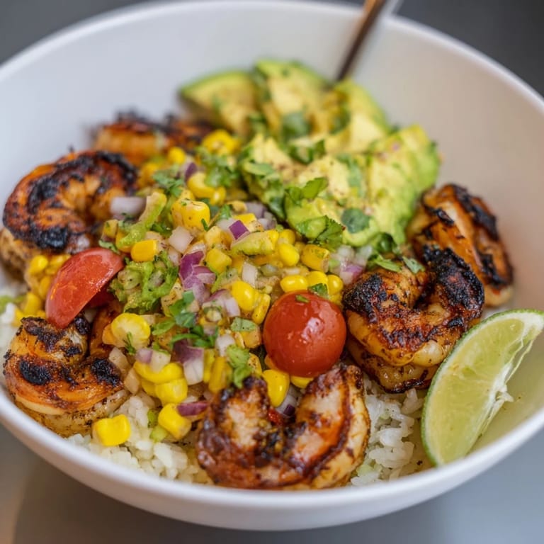 Colorful shrimp bowl brimming with spicy shrimp, corn salsa, and fluffy rice.